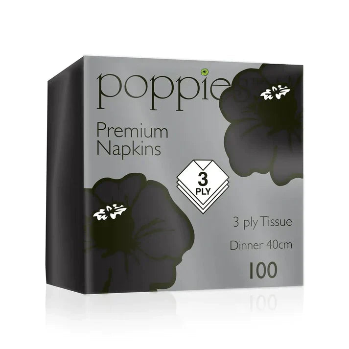 Poppies 40x40 3ply Black Napkin FreshPack Solutions Ltd