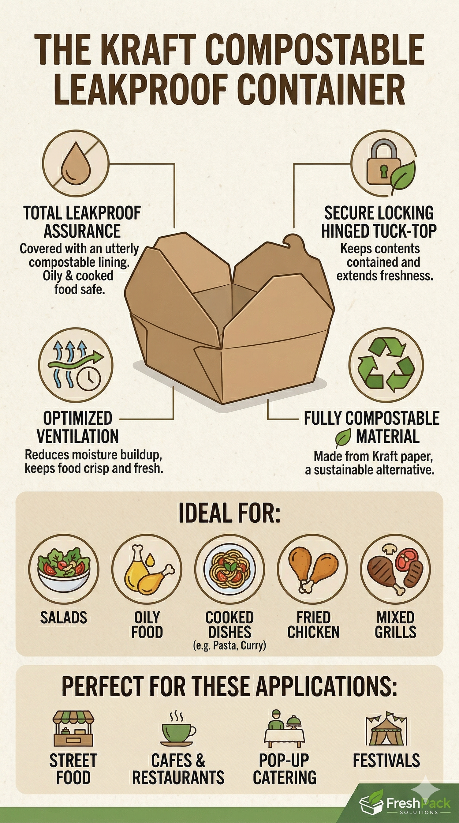 Kraft Compostable Leakproof Container ( 5 Sizes) FreshPack Solutions Ltd